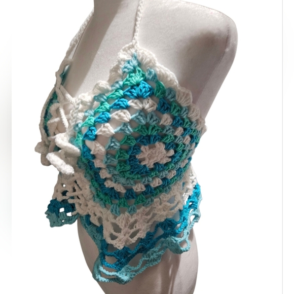 Handmade Granny Square Crochet Halter Top Mermaidcore Boho Criss-cross Icy Blue - Picture 9 of 17